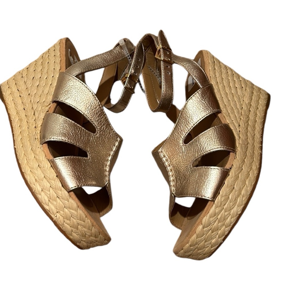 NWT UGG SANDALS HEELS WEDGE GOLD SHINY 10 shoes buckle